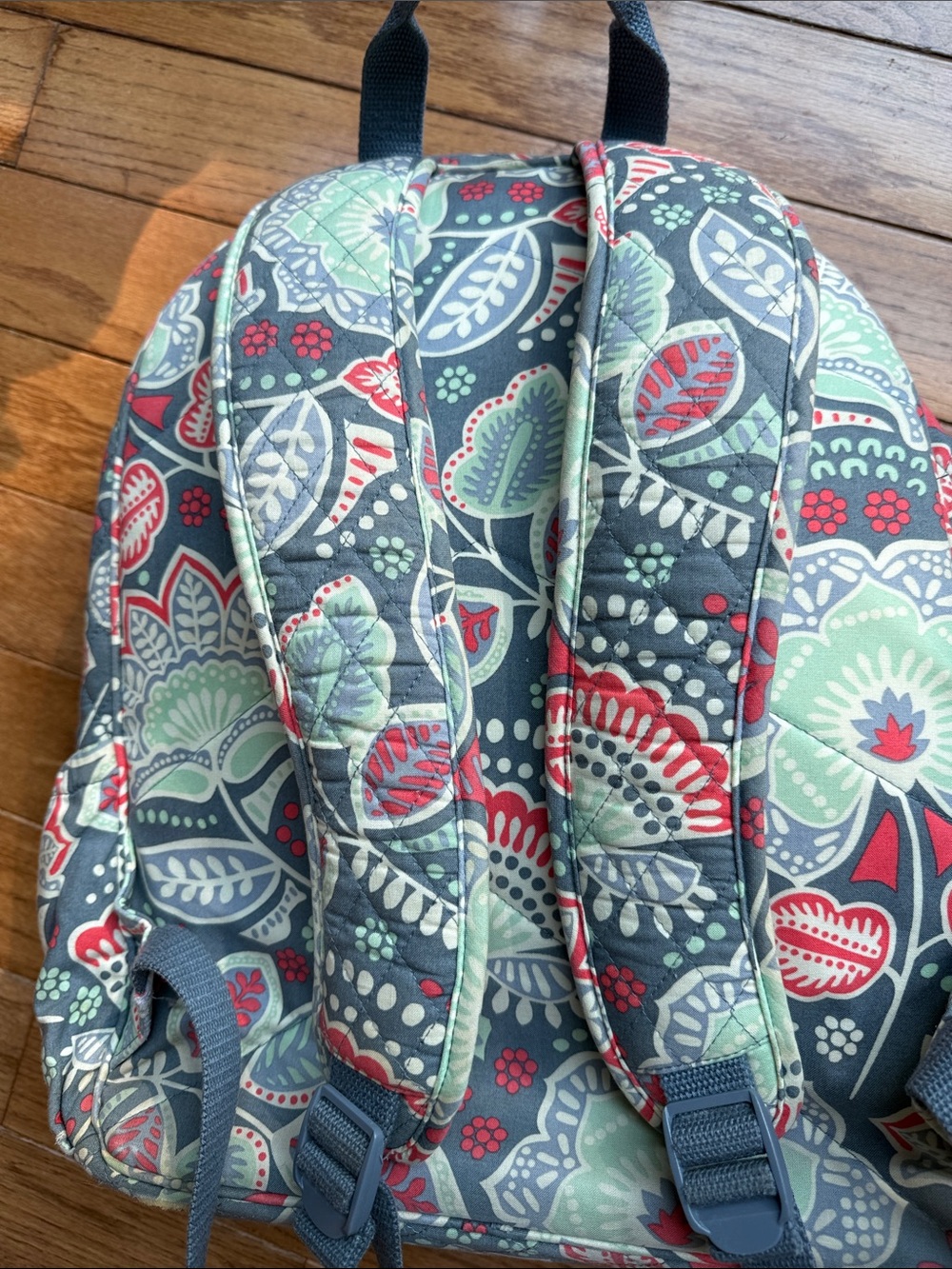 Vera Bradley Quilted Floral Backpack in Slate with Mint and Red Floweted Accents - Picture 3 of 5